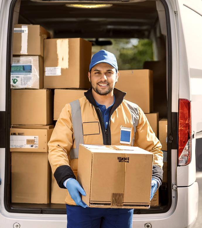 Repartidor descargando cajas de material sanitario de una furgoneta.